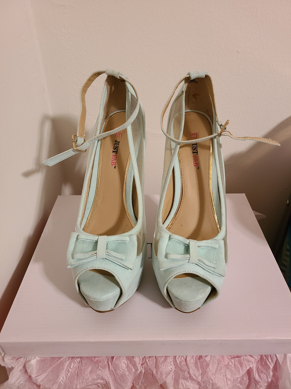JustFab Mint Open-Toe Ankle-Strap Heels with Bow Accent